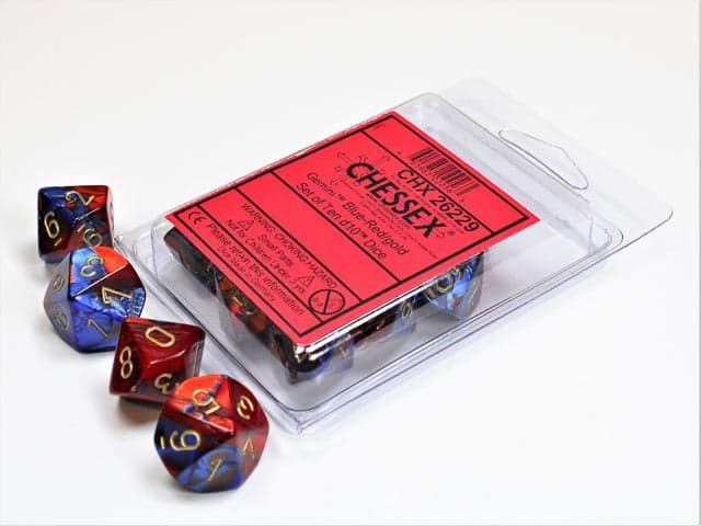 Chessex | d10 Set | Acrylic | Gemini Blue-Red/gold (10) (CHX 26229)