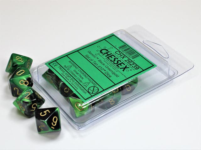 Chessex | d10 Set | Acrylic | Gemini Black-Green/gold (10) (CHX 26239)