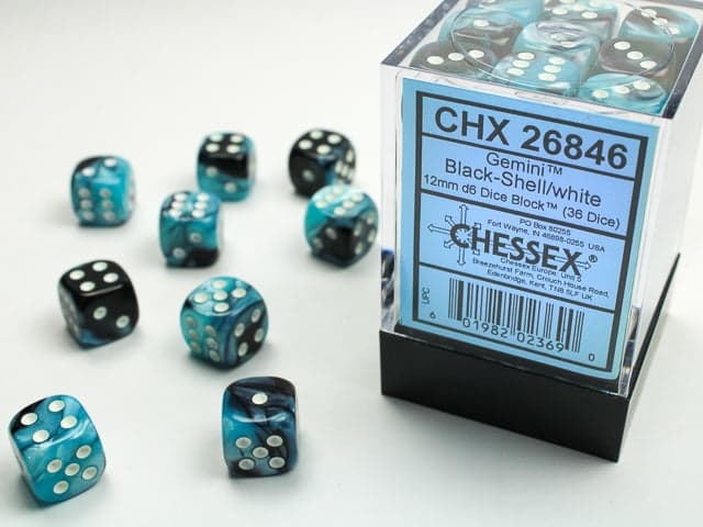 Chessex | 12mm D6 Dice Block | Gemini | Black-Shell/White (CHX26846)