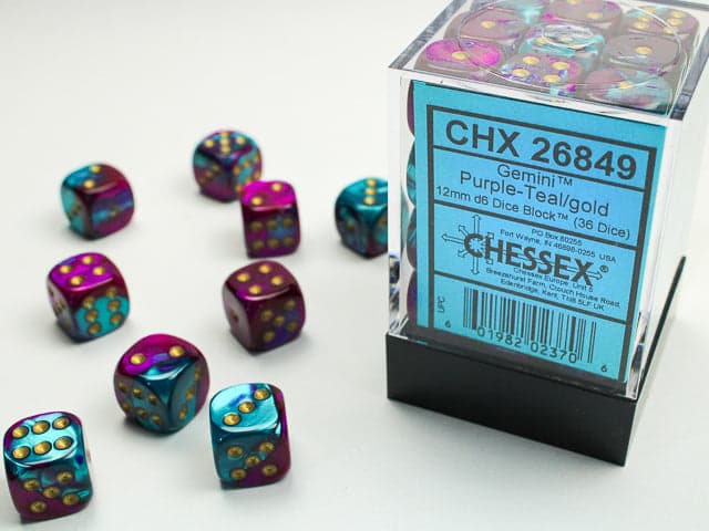Chessex | 12mm D6 Dice Block | Gemini | Purple-Teal/Gold (CHX26849)