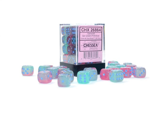 Chessex | d6 Dice Block | Acrylic | Gemini Gel Green-Pink/blue 12mm d6 (36 Dice) (CHX 26864)