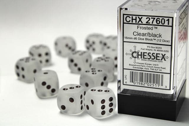 Chessex | d6 Dice Block | Acrylic | Frosted Clear/Black 16mm d6 (12 dice) (CHX 27601)