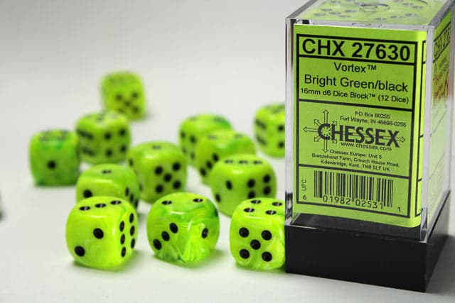 Chessex | 16mm D6 Dice Block | Vortex | Bright Green/Black (CHX27630)