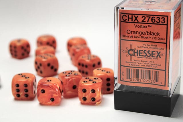 Chessex | 16mm D6 Dice Block | Vortex | Orange/Black (CHX27633)