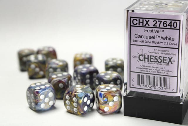 Chessex | d6 Dice Block | Acrylic | Festive Carousel/white 16mm d6 (12 dice) (CHX 27640)