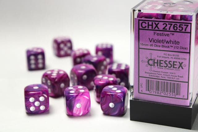 Chessex | 16mm D6 Dice Block | Festive | Violet/White (CHX27657)