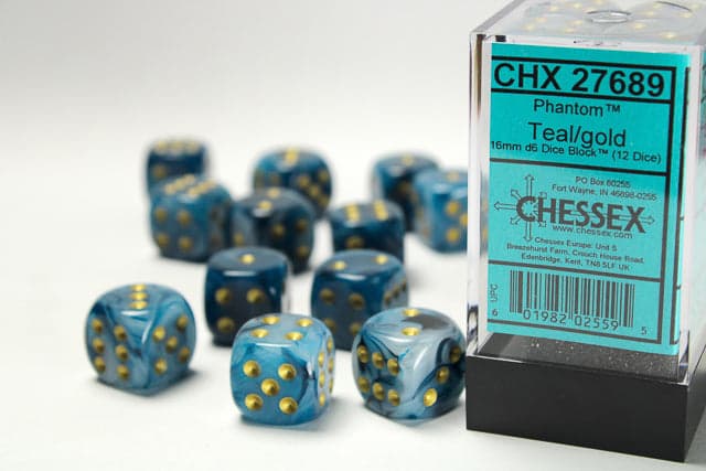 Chessex | d6 Dice Block | Acrylic | Phantom Teal/gold 16mm d6 Dice Block (12 dice) (CHX 27689)