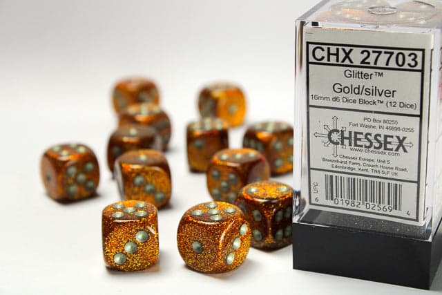 Chessex | 16mm D6 Dice Block | Glitter | Gold/Silver (CHX27703)