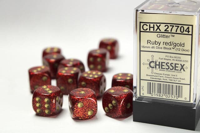 Chessex | 16mm D6 Dice Block | Glitter | Ruby/Gold (CHX27704)