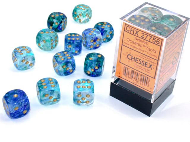 Chessex | d6 Dice Block | Acrylic | Nebula Oceanic/Gold 16mm d6 (12 dice) (CHX 27756)