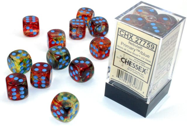 Chessex | d6 Dice Block | Acrylic | Nebula Primary/Blue 16mm d6 (12 dice) (CHX 27759)