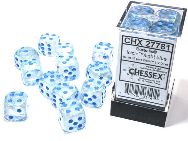 Chessex | d6 Dice Block | Acrylic | Borealis Icicle/Light Blue 16mm d6 (12 dice) (CHX 27781)