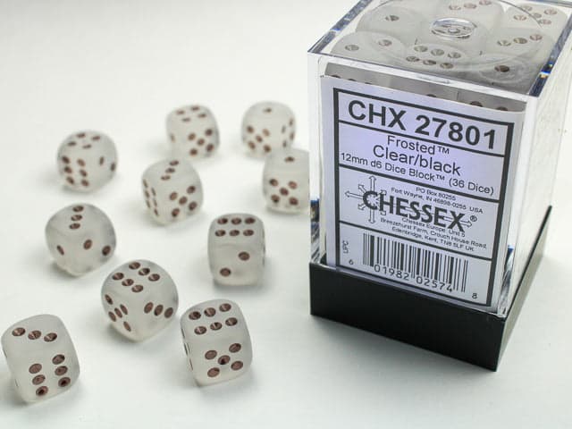 Chessex | d6 Dice Block | Acrylic | Frosted Clear/black 12mm d6 (36 Dice) (CHX 27801)