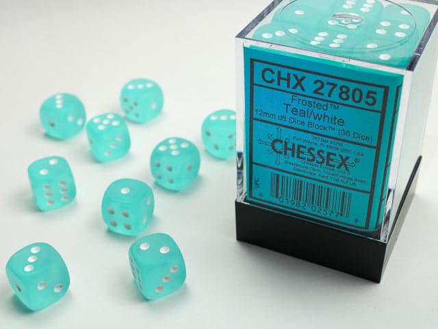 Chessex | d6 Dice Block | Acrylic | Frosted Teal/white 12mm d6 (36 Dice) (CHX 27805)