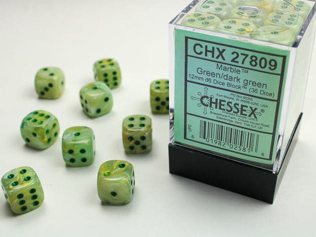 Chessex | d6 Dice Block | Acrylic | Marble Green/dark green 12mm d6 (36 Dice) (CHX 27809)