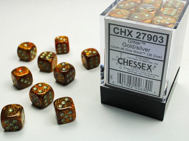 Chessex | d6 Dice Block | Acrylic | Glitter Gold/silver 12mm d6 (36 Dice) (CHX 27903)