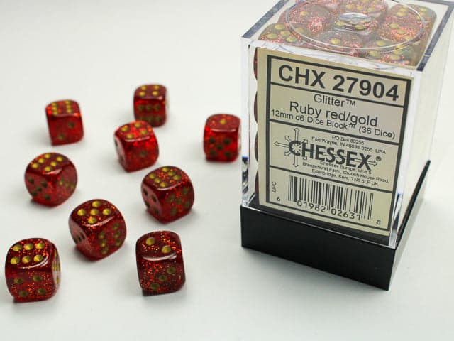 Chessex | d6 Dice Block | Acrylic | Glitter Ruby/gold 12mm d6 (36 Dice) (CHX 27904)