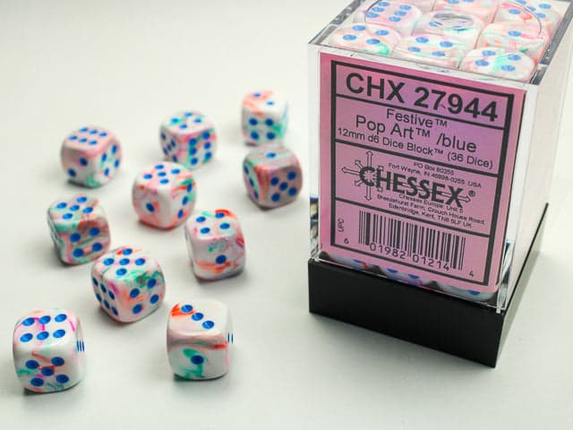 Chessex | d6 Dice Block | Acrylic | Festive Pop Art/blue 12mm d6 (36 Dice) (CHX 27944)