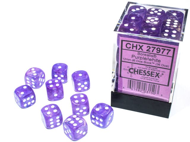 Chessex | d6 Dice Block | Acrylic | Borealis Purple/white 12mm d6 (36 Dice) (CHX 27977)