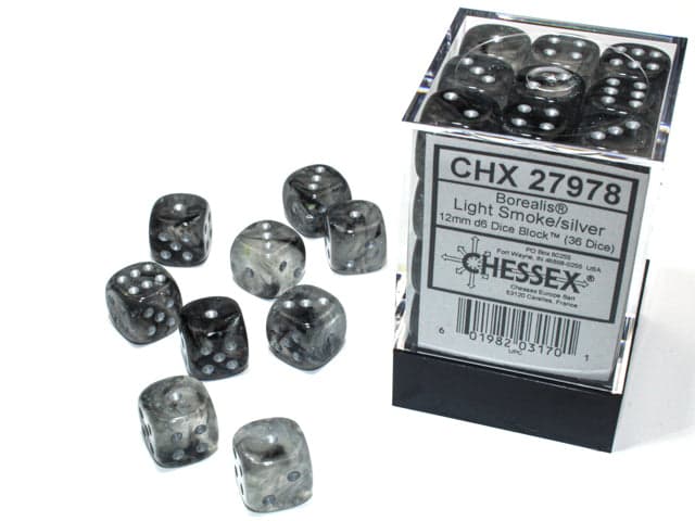 Chessex | d6 Dice Block | Acrylic | Borealis Light Smoke/silver 12mm d6 (36 Dice) (CHX 27978)