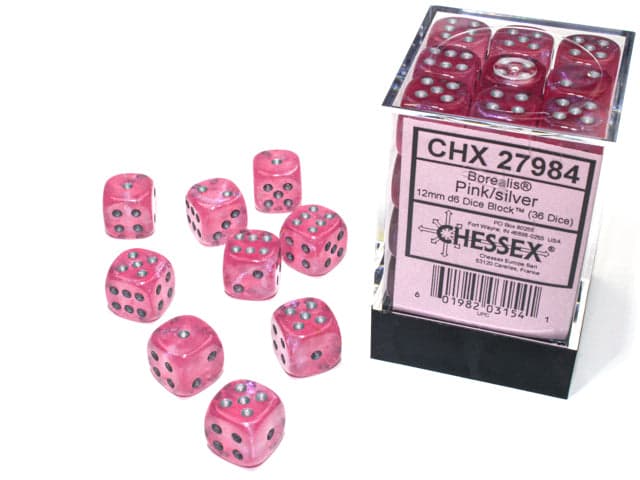 Chessex | d6 Dice Block | Acrylic | Borealis Pink/silver 12mm d6 (36 Dice) (CHX 27984)