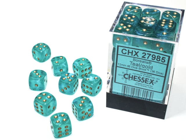 Chessex | d6 Dice Block | Acrylic | Borealis Tela/gold 12mm d6 (36 Dice) (CHX 27985)