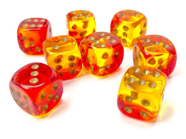 Chessex | d6 Dice Block | Acrylic | Gemini Translucent Red-Yellow/gold 12mm d6 (36 Dice) (CHX 26868)