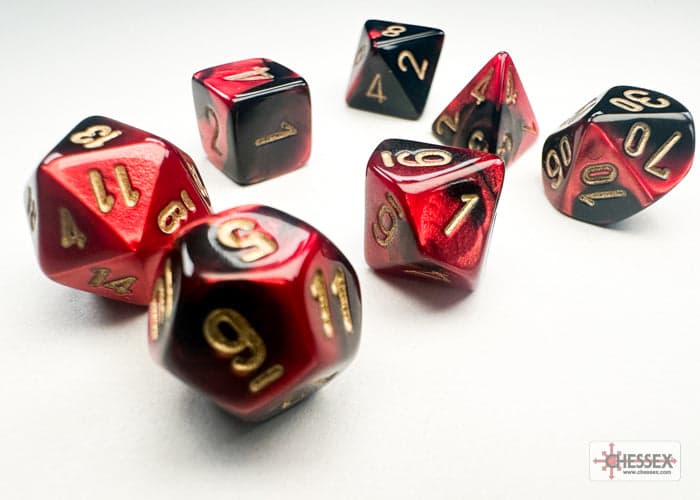 Chessex | Mini-hedral Dice Set | Acrylic | Gemini Black-Red/gold (CHX 20633)