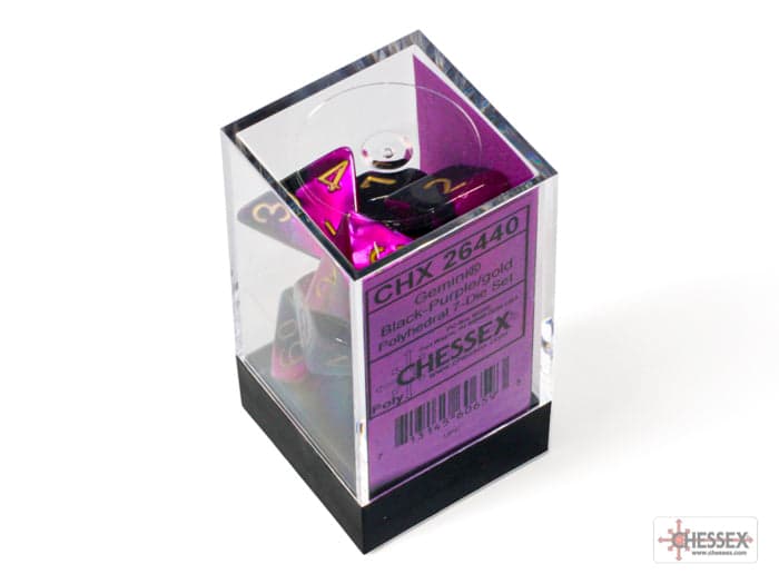 Chessex | Polyhedral Dice Set | Acrylic | Gemini Black-Purple/gold (CHX 26440)