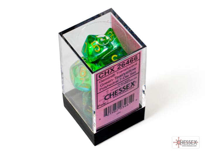 Chessex | Polyhedral Dice Set | Acrylic | Gemini Translucent Green-Teal/yellow (CHX 26466)
