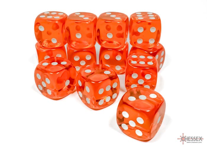Chessex | d6 Dice Block | Acrylic | Translucent Orange/White 16mm d6 (12 dice) (CHX 23603)