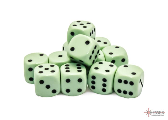 Chessex | d6 Dice Block | Acrylic | Opaque Pastel Green/Black 16mm d6 (12 dice) (CHX 25665)