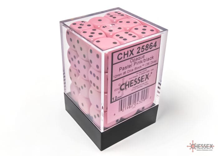 Chessex | d6 Dice Block | Acrylic | Opaque Pastel Pink/black 12mm d6 (36 Dice) (CHX 25864)