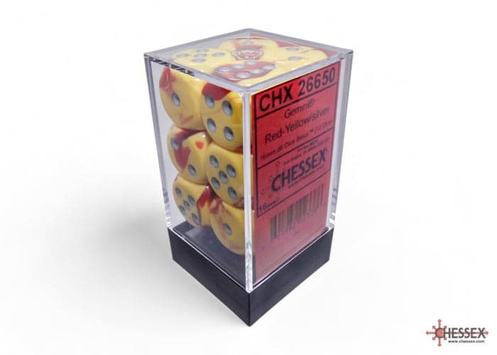 Chessex | d6 Dice Block | Acrylic | Gemini Red-Yellow/silver 16mm d6 (12 dice) (CHX 26650)