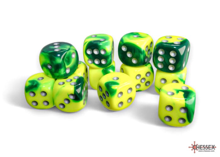 Chessex | 16mm D6 Dice Block | Gemini | Green-Yellow/Silver (CHX26654)