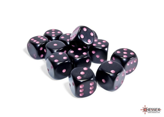 Chessex | d6 Dice Block | Acrylic | Opaque Black/Pink 16mm d6 (12 dice) (CHX 25648)