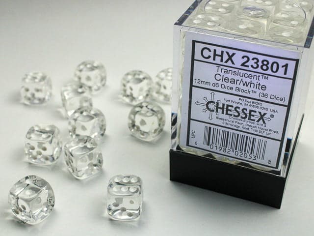 Chessex | 12mm D6 Dice Block | Translucent | Clear/White (CHX23801)