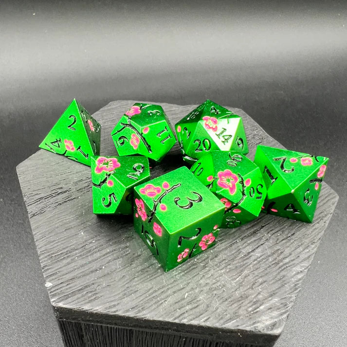 Polyhedral Dice Set | Metal | "Plum Blossom" - Green and Pink | Set of 7 (D0270)