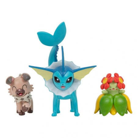 Pokemon Battle Figures | 3 Pack | Vaporeon, Rockruff & Bellossom