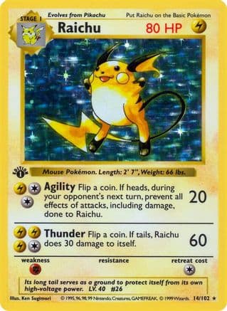 Raichu 14- Base Set Shadowless 1st Edition Holofoil