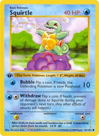Squirtle 063- Base Set Shadowless 1st Edition