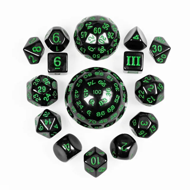 Polyhedral Dice Set | Acrylic | D3 to D100 - Green | Set of 15 (D0194)