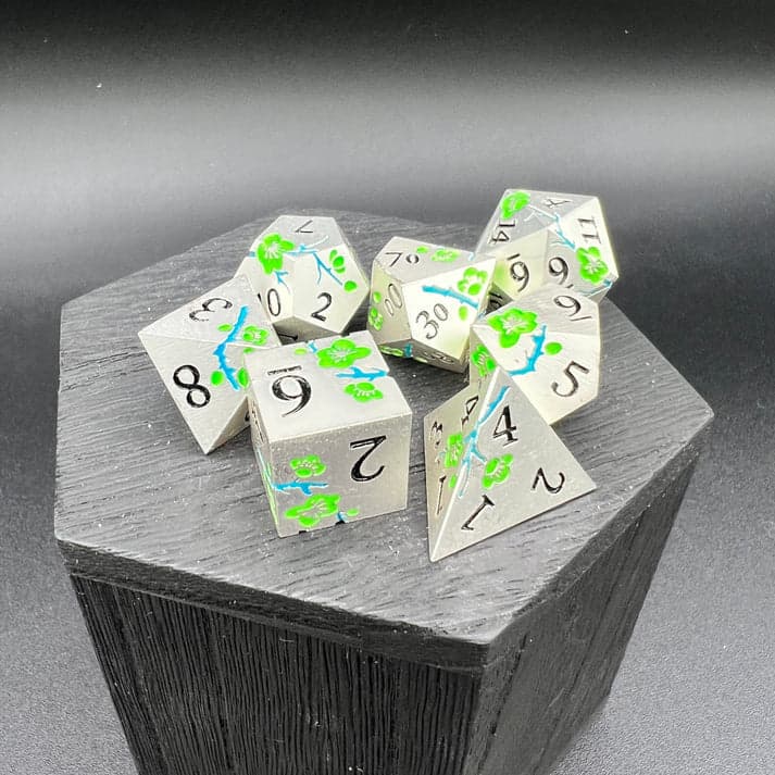 Polyhedral Dice Set | Metal | "Plum Blossom" - Silver and Green GLOW | Set of 7 (D0269)