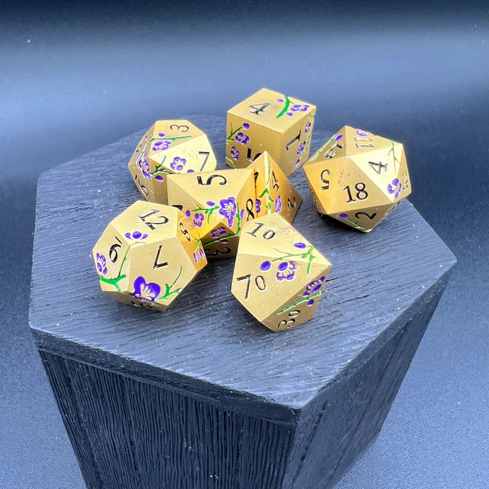 Polyhedral Dice Set | Metal | "Plum Blossom" - Gold and Purple | Set of 7 (D0272)