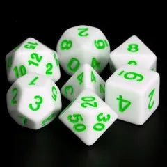 Polyhedral Dice Set | Acrylic | Solid White (Green Ink) | Set of 7 (D0105)
