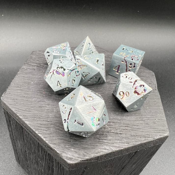 Polyhedral Dice Set | Metal | "Plum Blossom" - Silver and Rainbow | Set of 7 (D0273)