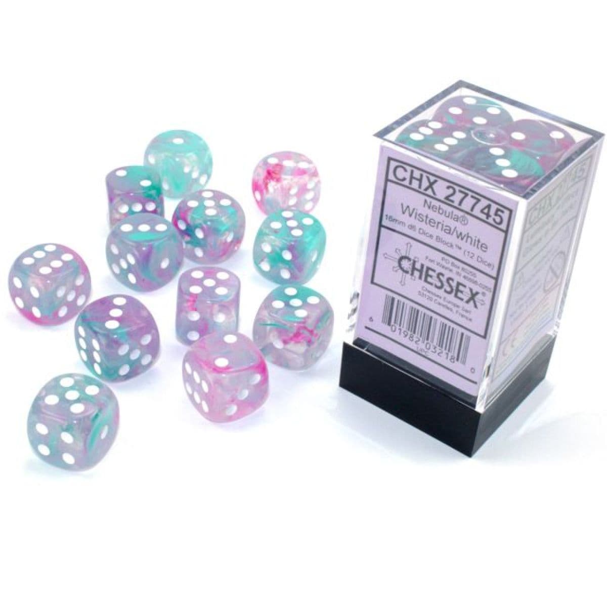 Chessex | d6 Dice Block | Acrylic | Nebula Wisteria/White 16mm d6 (12 dice) (CHX 27745)