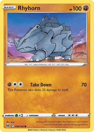 Rhyhorn 089/196 - SWSH11 Lost Origin Reverse Holofoil