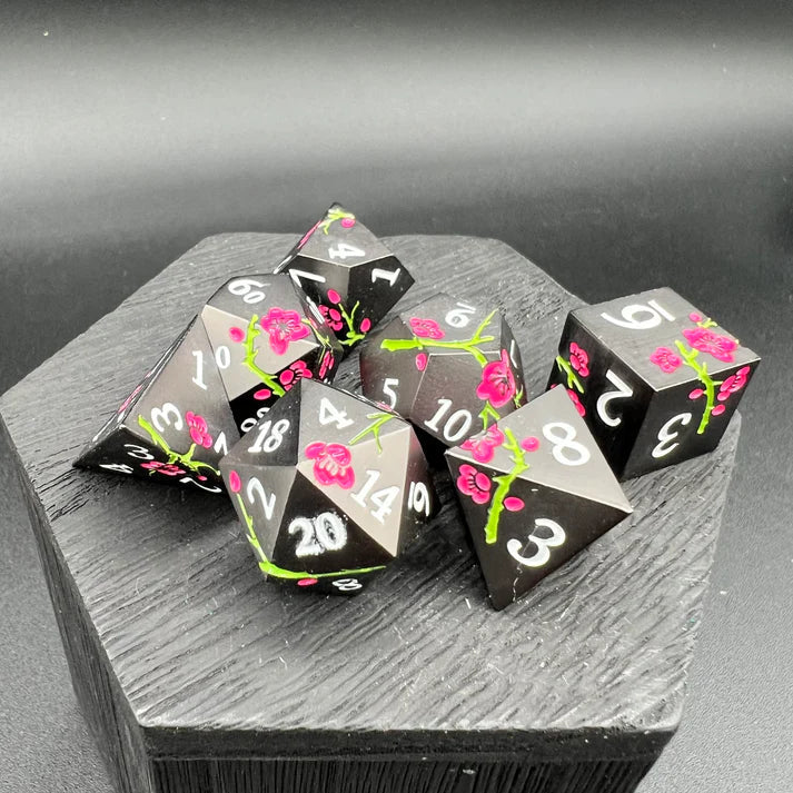 Polyhedral Dice Set | Metal | "Plum Blossom" - Black and Pink | Set of 7 (D0265)