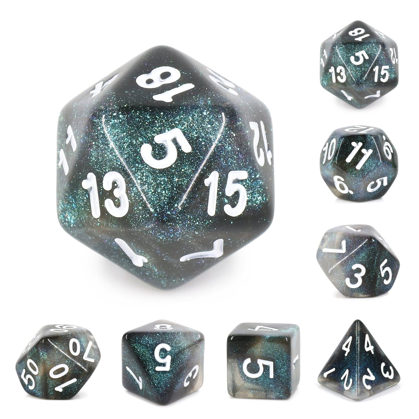 RPG Dice | "Emerald Aurora" White Ink | Set of 7